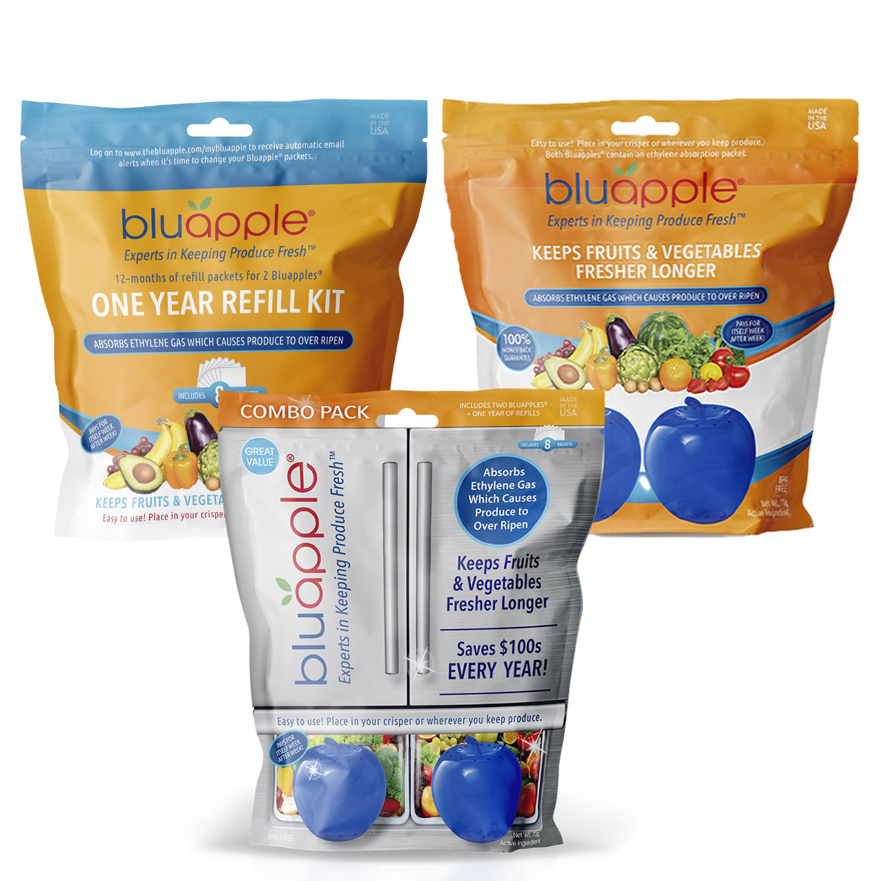 BluApple Produce Saver Refill Kit - Keep Fruits and Vegetables Fresh  Longer, 8 Veggie and Fruit Saver Packets, Each Packet Lasts up to 3 Months