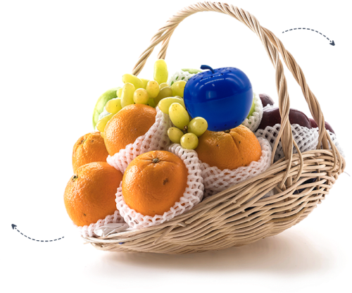 Bluapple in a basket of oranges and grapes