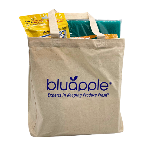 Bluapple canvas bag standing up and filled with bluapple products