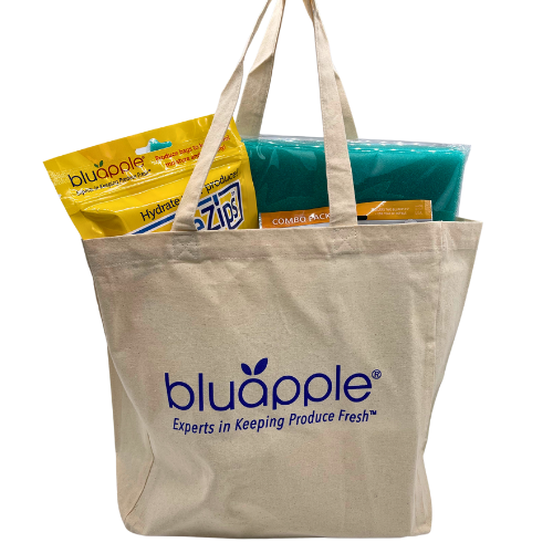 Bluapple Canvas bag filled with Bluapple products