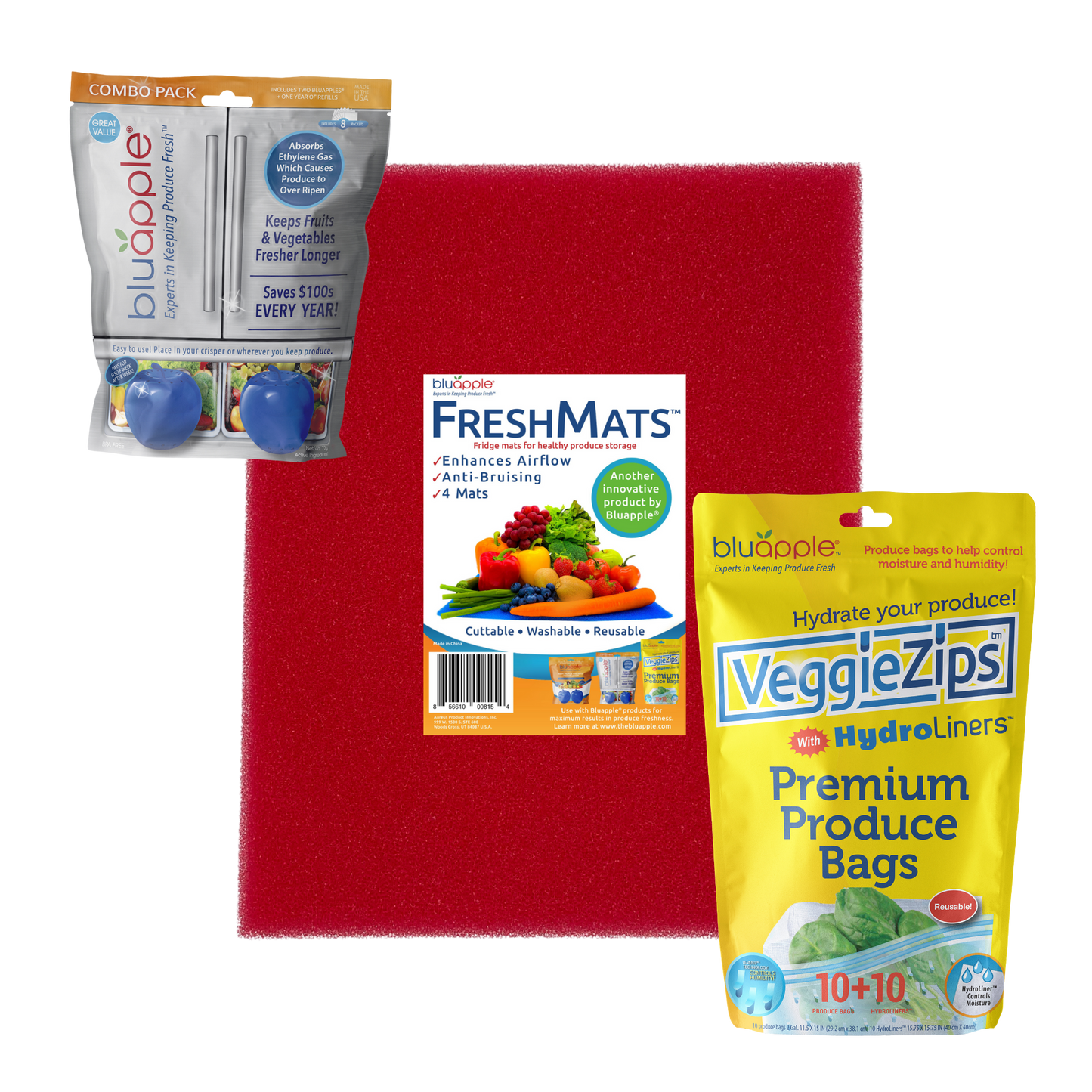 Red Premium Freshness Trio - Classic Combo Pack, Red FreshMat, VeggieZips 10-Pack