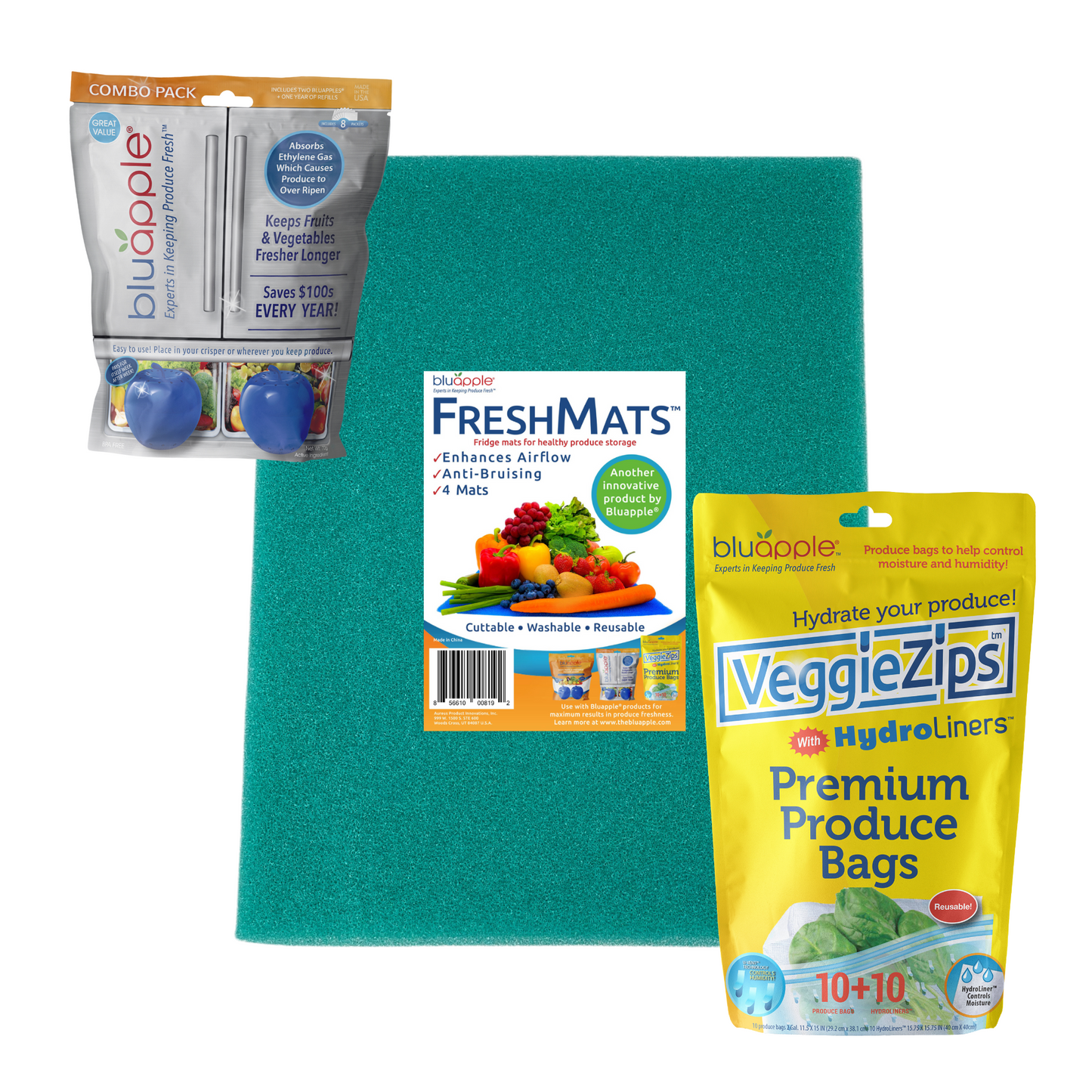Teal Premium Freshness Trio - Classic Combo Pack, Teal FreshMats, VeggieZips 10-Pack