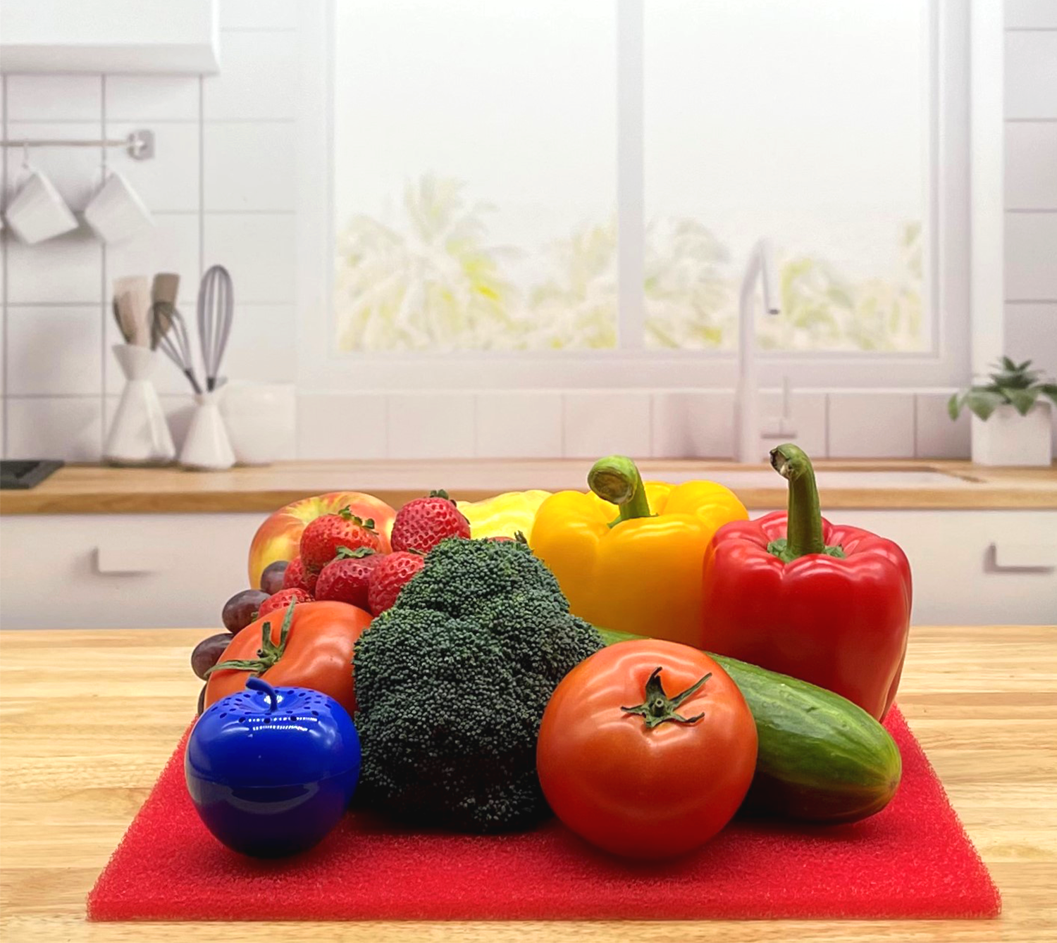 produce on red FreshMat in kitchen with Bluapple