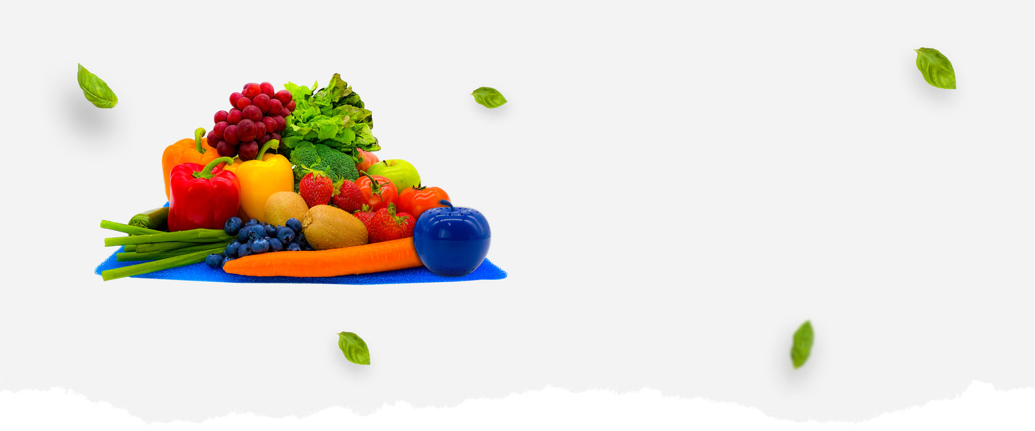 Produce on blue freshmat with a Bluapple with falling leaves around