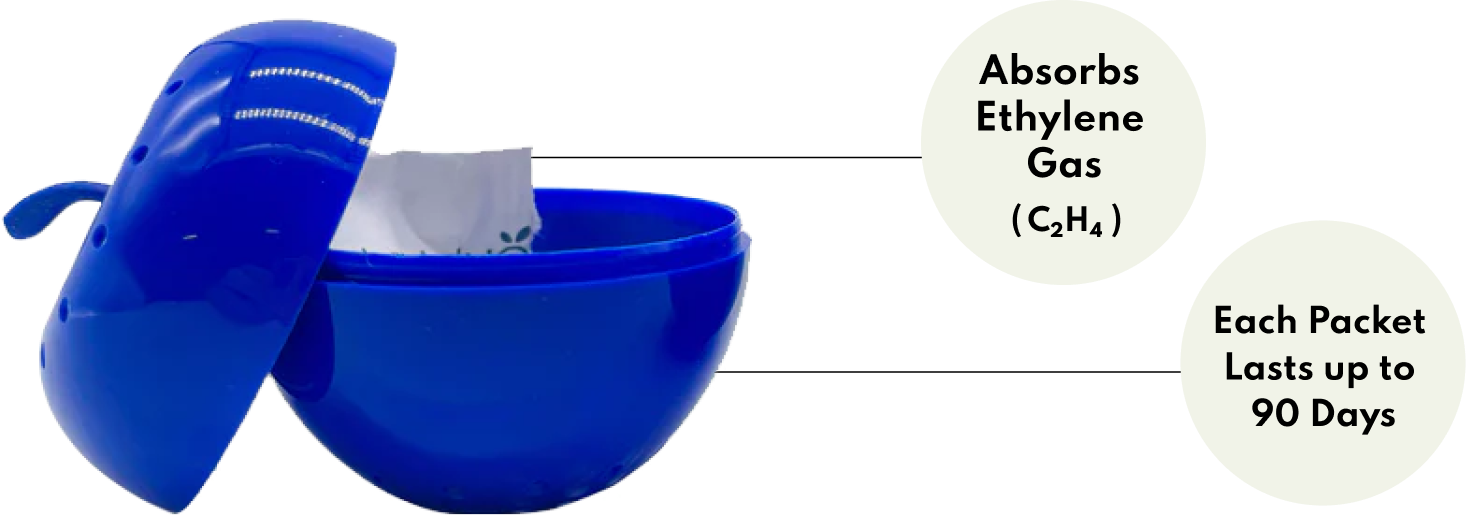 bluapple with packet inside, absorbs ethylene gas (C2H4), each packet lasts up to 90 days