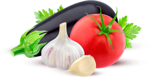 Eggplant, tomato, garlic