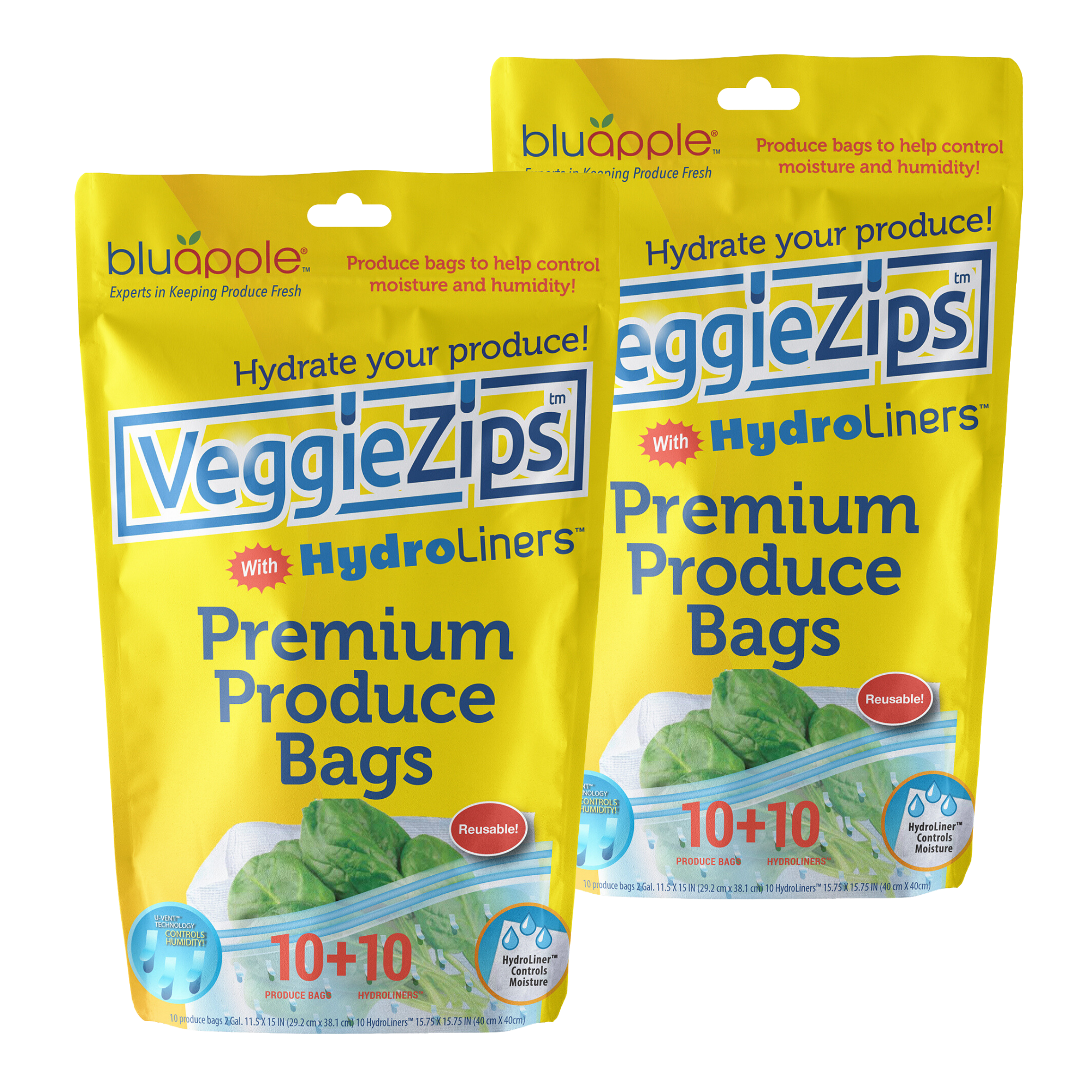 BluApple VeggieZips Premium Produce Storage Bags - 10 Produce Food Saver  Bags + 10 HydroLiners to Keep Produce Fresh Longer - Washable & Reusable  Bags