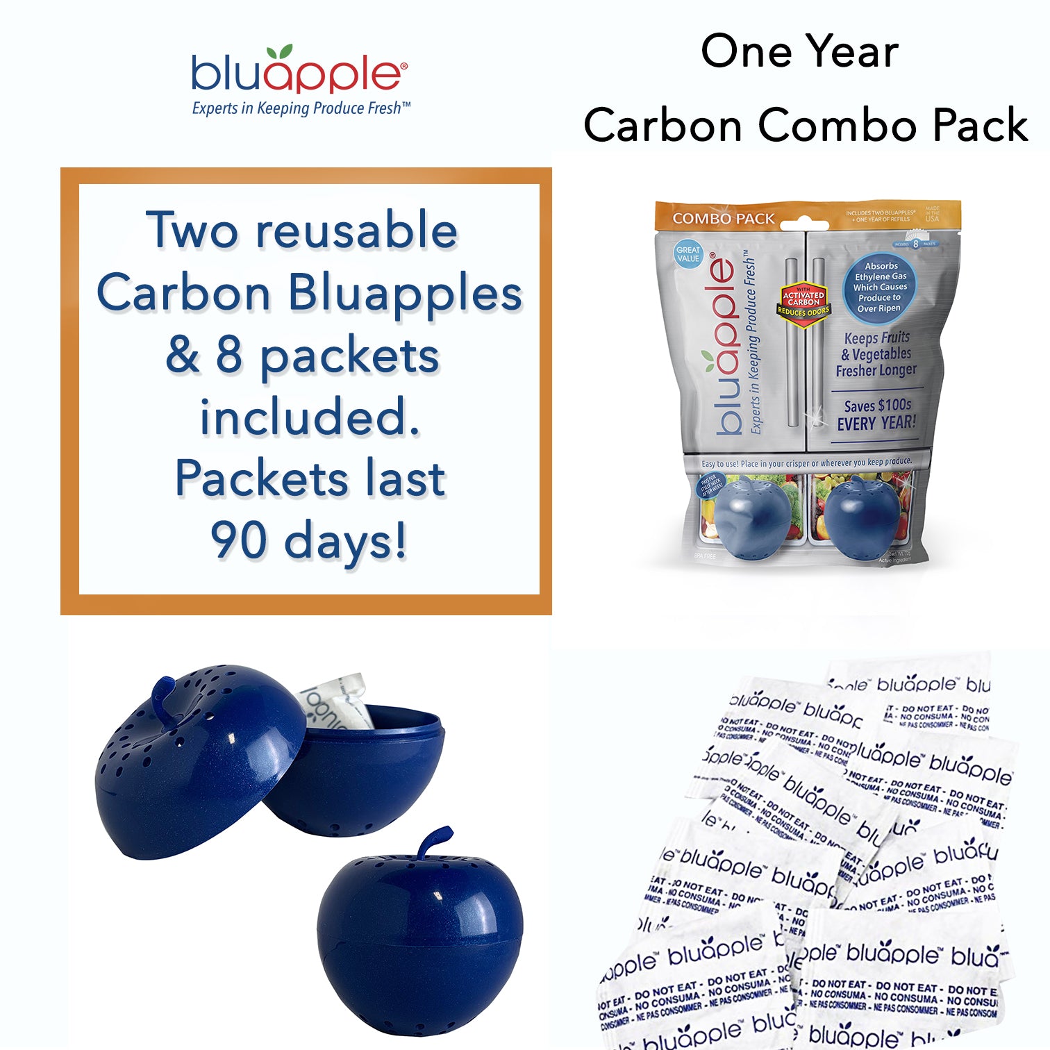 Bluapple Carbon combo pack - 2 bluapples and 8 packets, each packet lasts 90 days