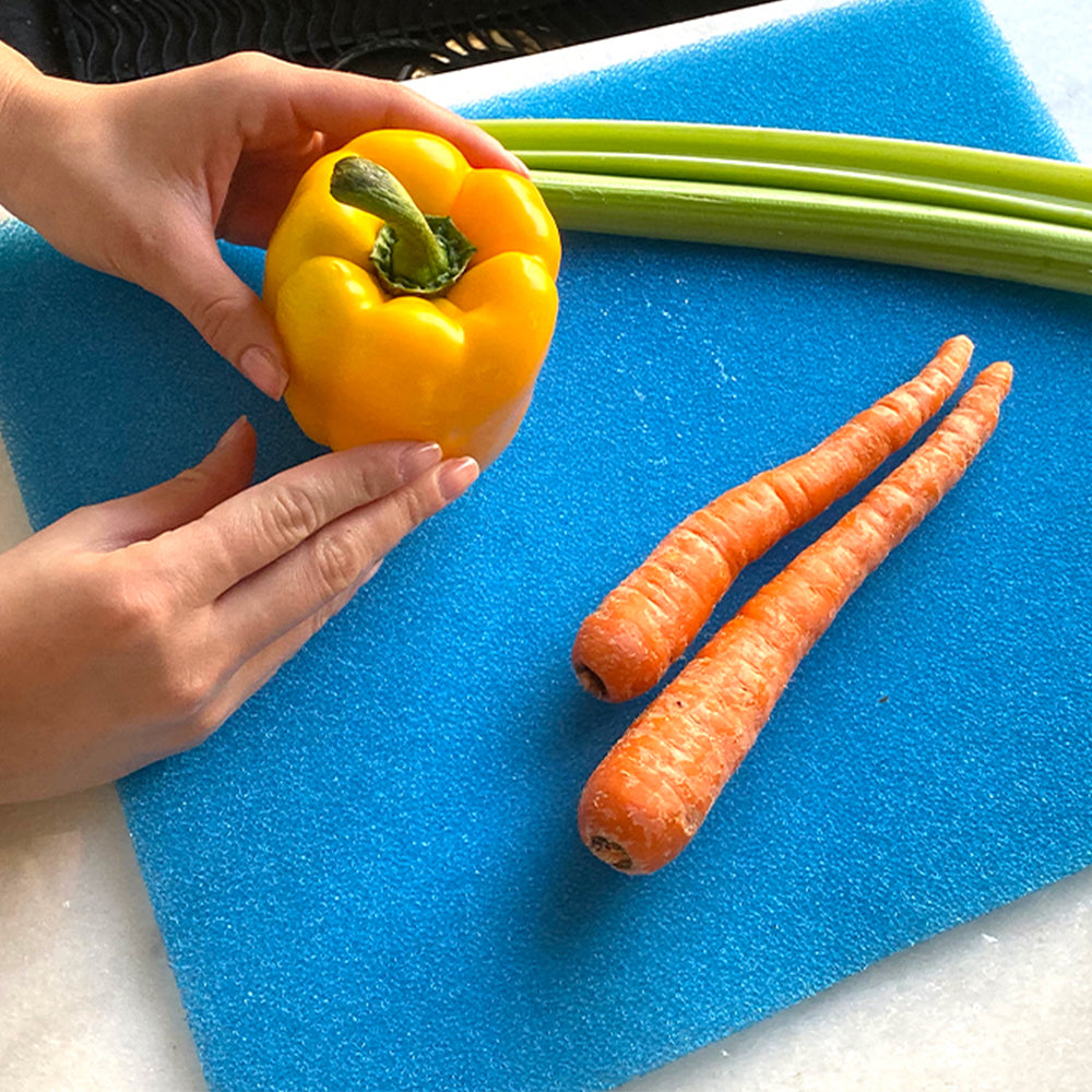 Fresh produce on blue freshmat