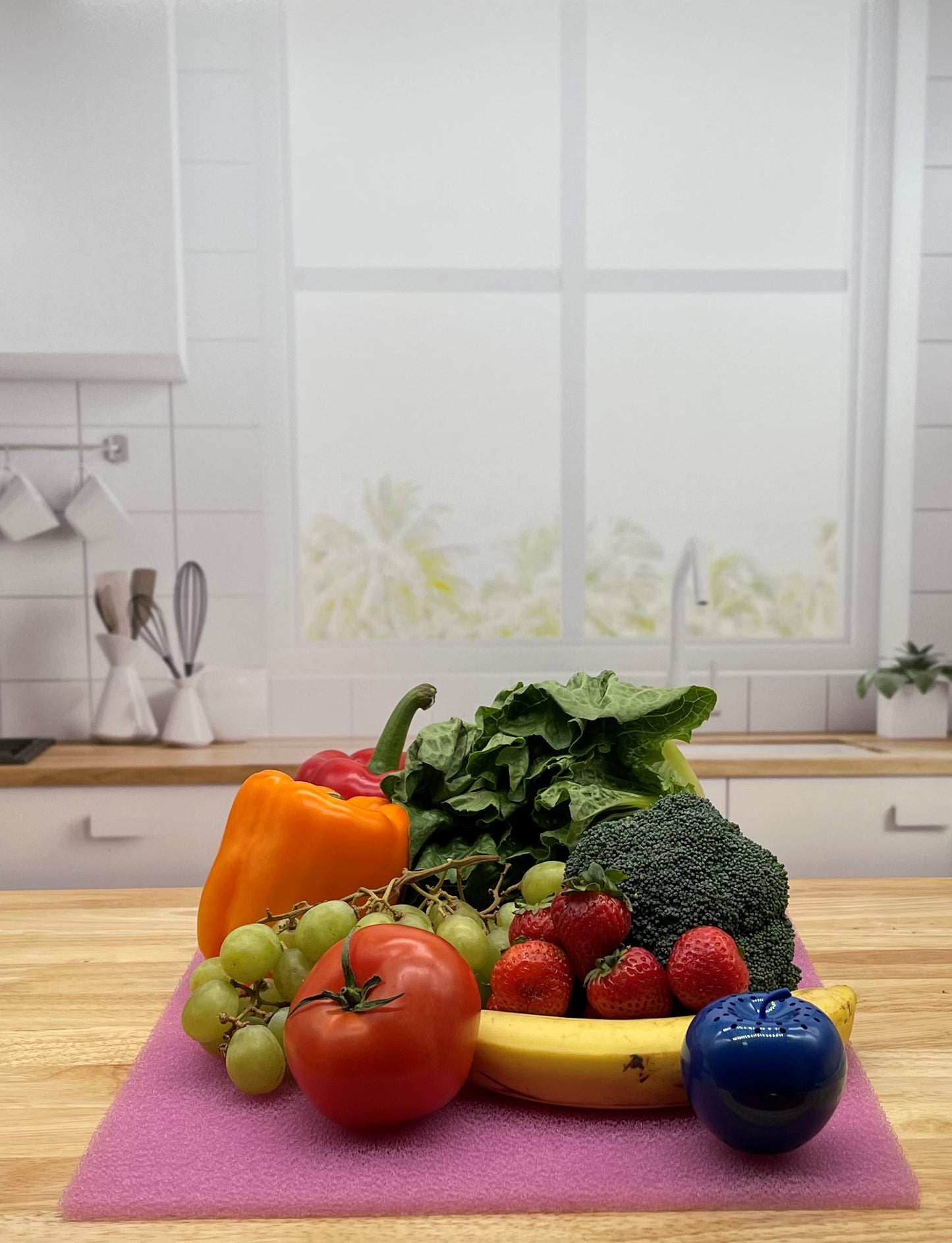 Produce on Lavender FreshMat in kitchen with Bluapple