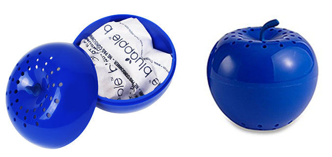 Classic Bluapples, one open with a packet in it, one closed with a packet inside