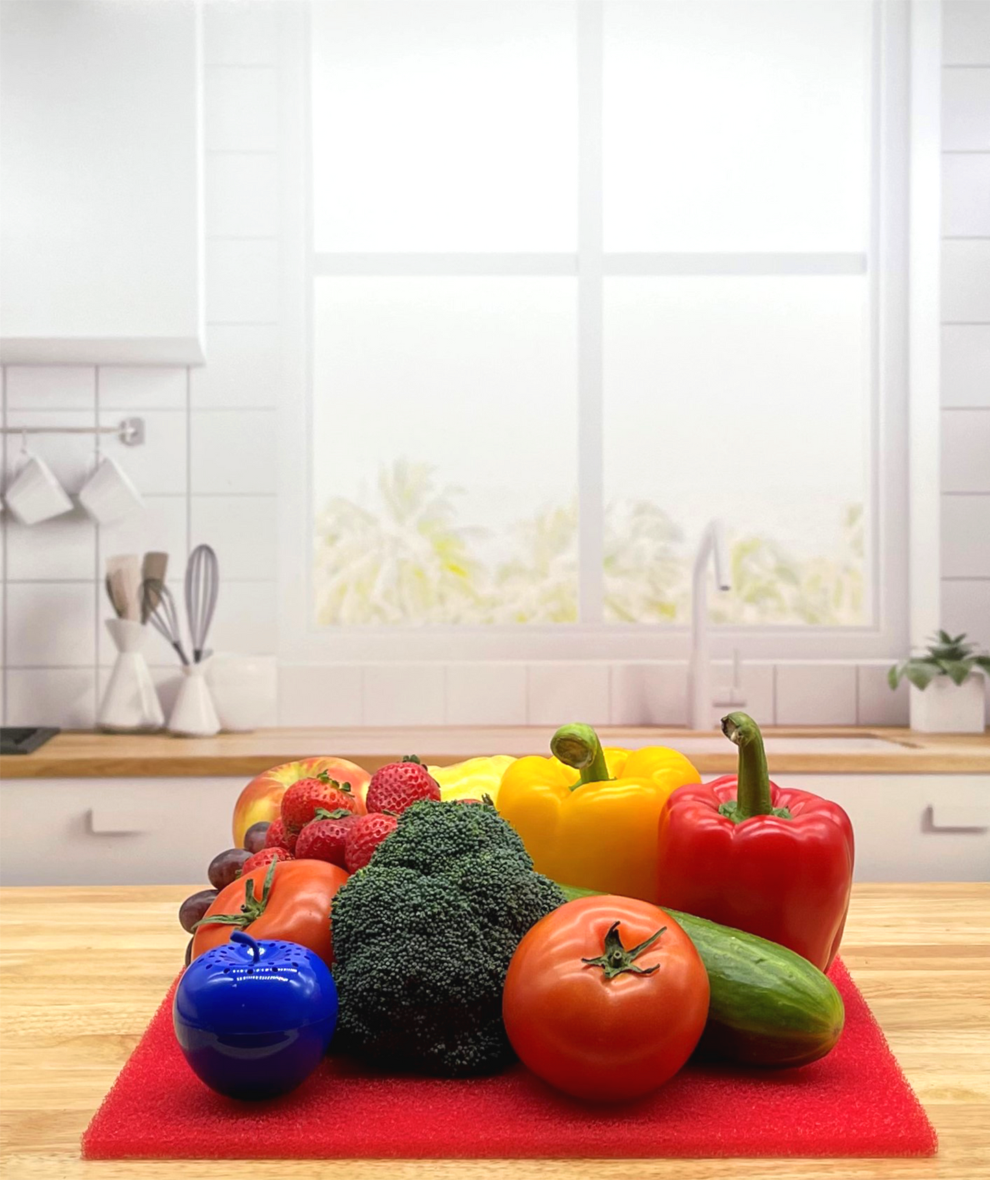 Red FreshMat with produce in kitchen with Bluapple