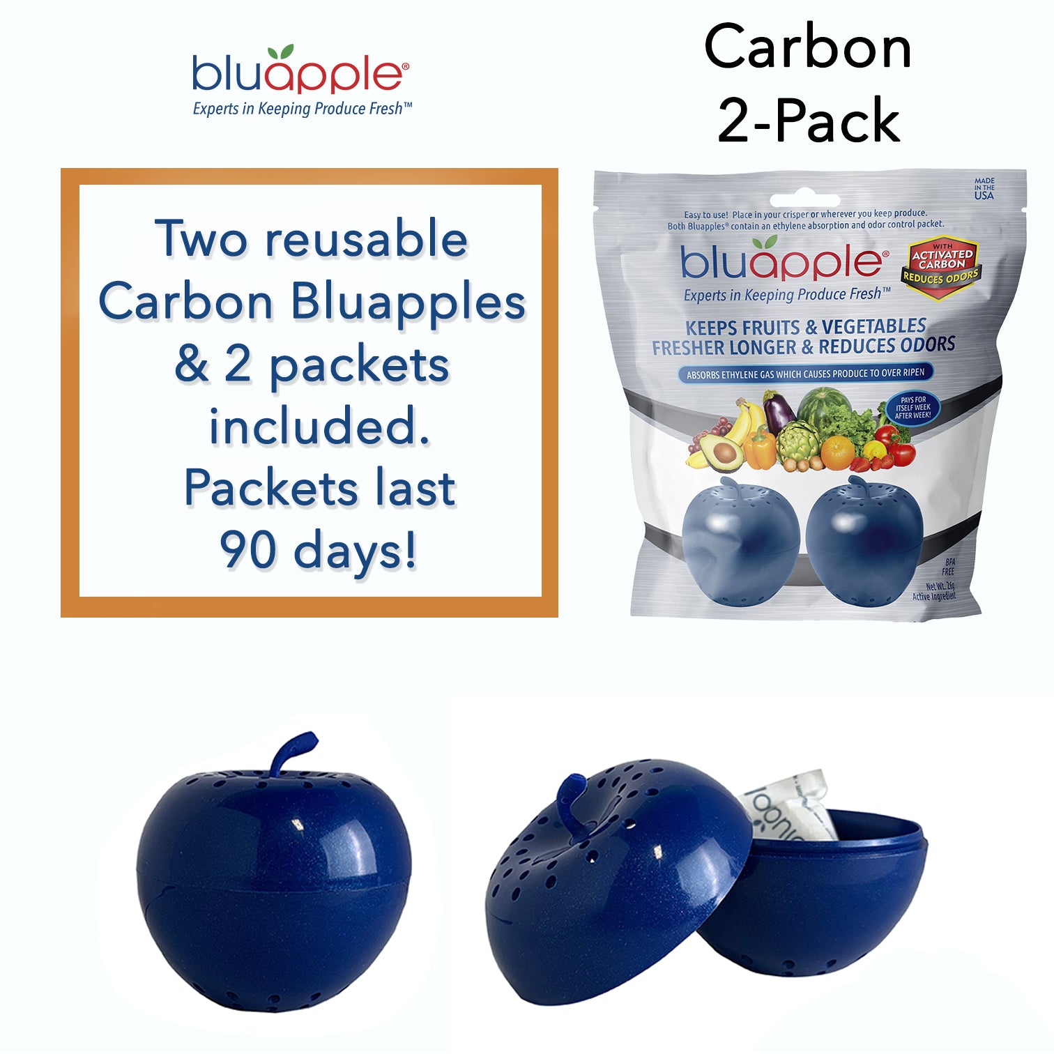 Bluapple 1 Year Carbon Refill Kit Includes 8 Packets For 2 Bluapples With  Carbon - For 1 Full Year To Keep Produce Fresh Longer And Help Absorb